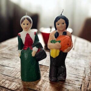 Vintage Hand-Painted Pilgrim & Native American Candles 5" Thanksgiving Decor Set